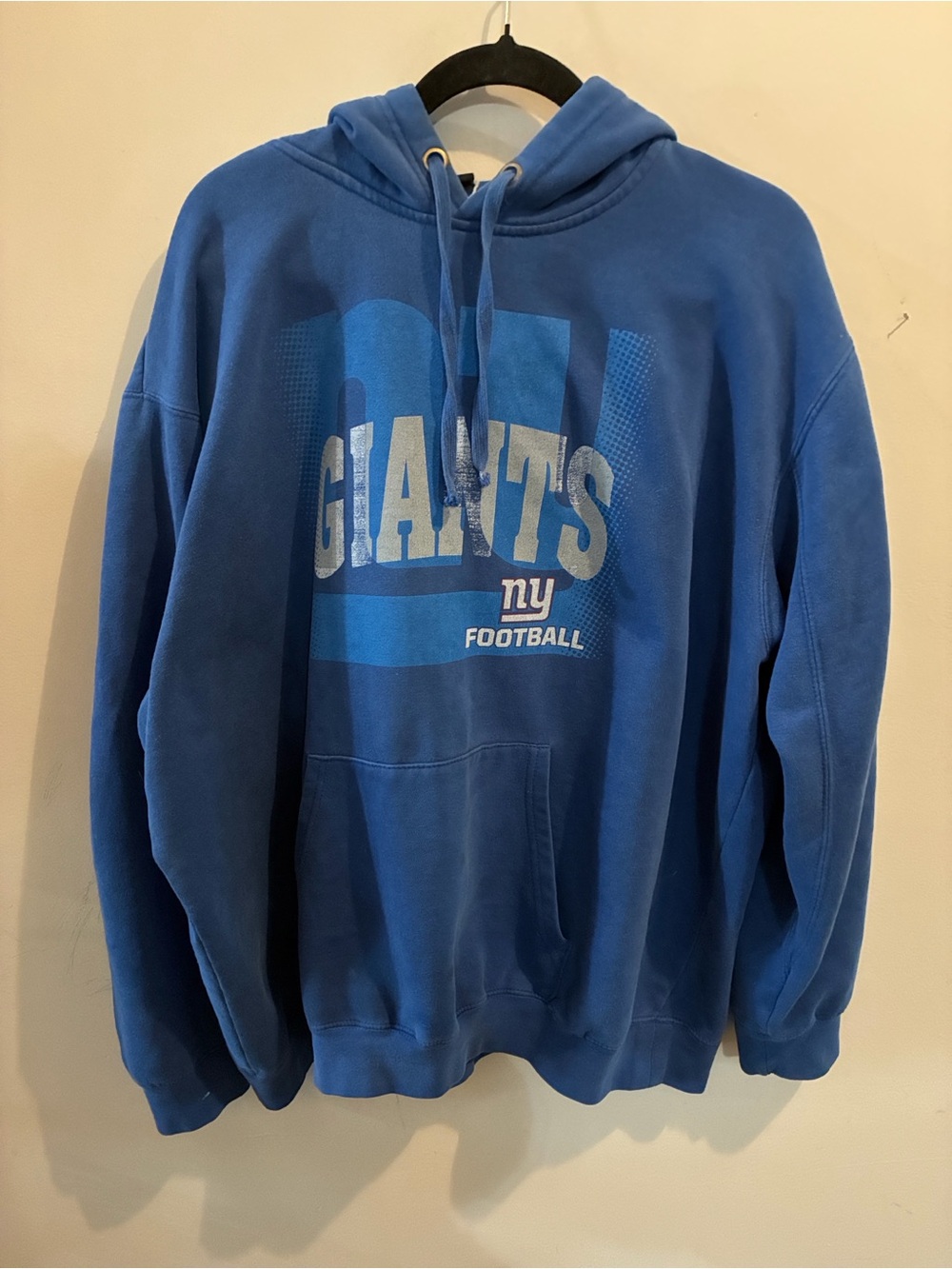 Thrifted NFL NY Giants Graphic Hoodie Blue Game-Day Beater Size 2XL